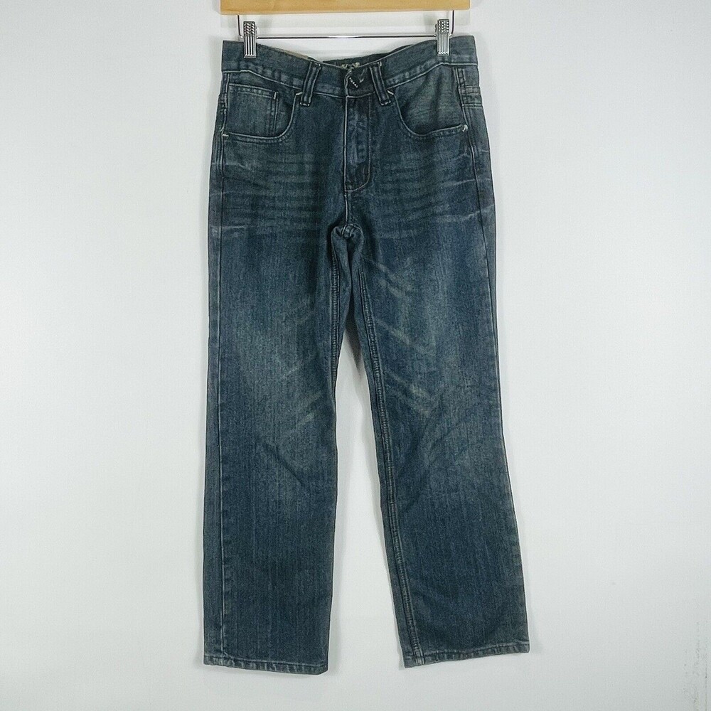 FUSAI 1997 Jeans Mens Sz 30 x‎ 30 Straight Leg Leather Trim Pocket Distressed